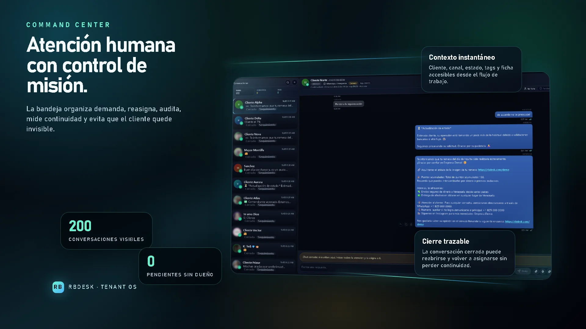Bandeja viva RBDesk con conversaciones, estados y trazabilidad